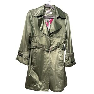 HILLARY RALLEY NEW YORK Metallic Lightweight Lime Green Trench Coat Jacket Sz S